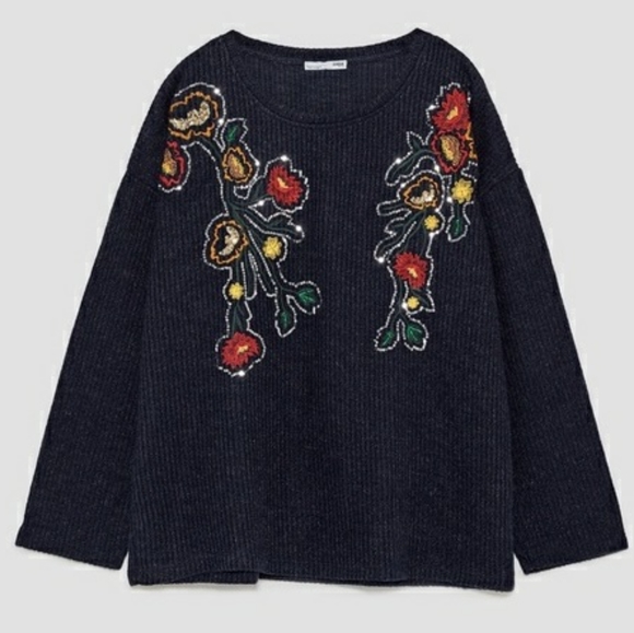 VGUC Zara Knit Floral Sequin Embroidered 3/4 Sleeves Top Sweater Size L - Picture 1 of 13
